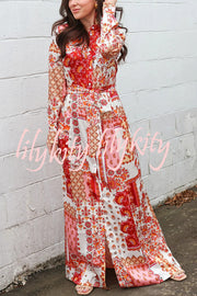 Bohemian Style Unique Printed Shirt Waist Tie Maxi Dress