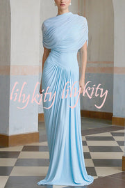Elegant Mesh Cape-style Pleated Draped Maxi Dress