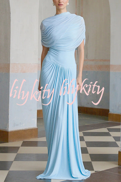 Elegant Mesh Cape-style Pleated Draped Maxi Dress