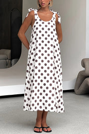 Polka Dot Print Suspenders Strappy Backless Loose Pocket Midi Dress