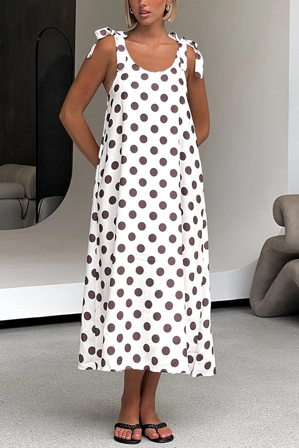 Polka Dot Print Suspenders Strappy Backless Loose Pocket Midi Dress