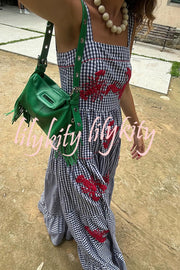 Funny Summer Plaid Lobster Print Square Neck Layered Maxi Dress