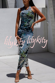 Avalon Mesh Color Splash Ink Print Ruched Halter Stretch Midi Dress