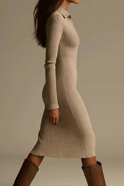 Solid Color Lapel Long-sleeved Ribbed Slim-fit Casual Midi Dress