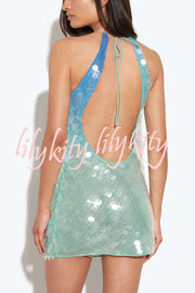 Fashion Sexy Sequined Backless Halter Neck Slim Fit Mini Dress