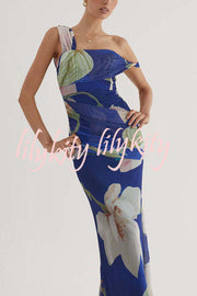 Drama Elegance Mesh Floral One Shoulder Ruched Stretch Maxi Dress