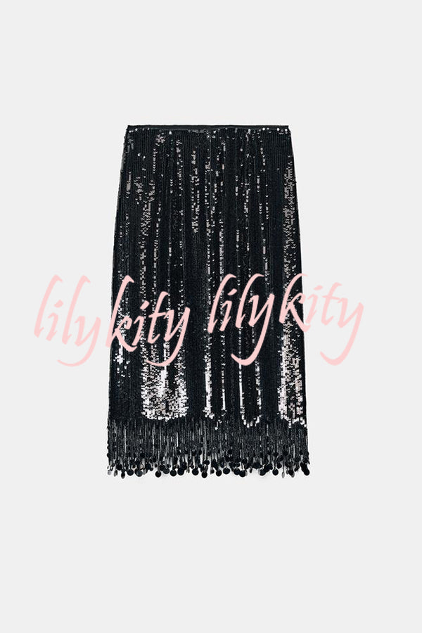 City Queen Sequin Tassel Round Pieces High Rise Back Zipper Midi Skirt