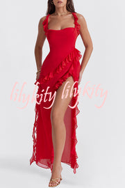 Ultra-sexy Silhouette Ruffle High Slit Lightweight Maxi Dress