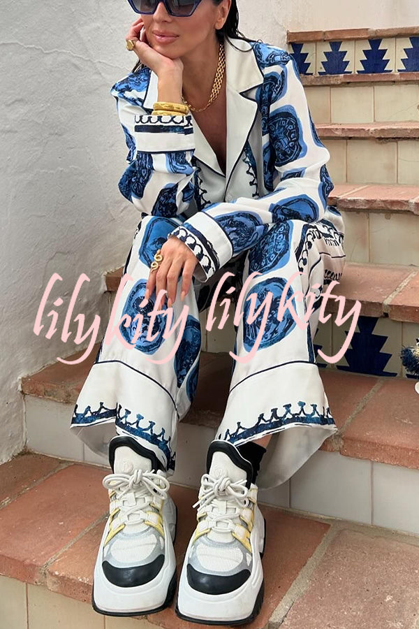 Love The Deep Sea Unique Print Long Sleeve Loose Shirt and Elastic Waist Pants Set