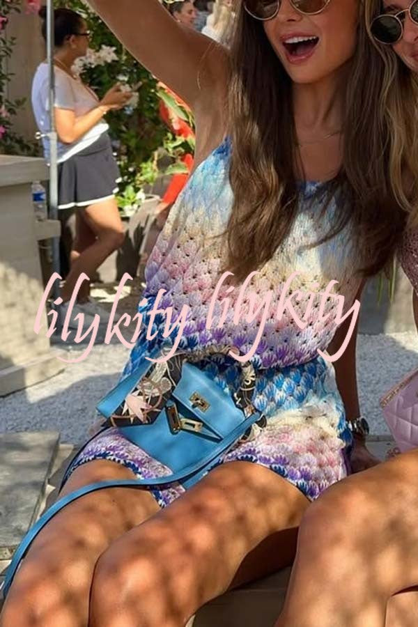 Wave Waves Knit Colorful Zigzag Pattern Halter Neck Backless Loose Romper