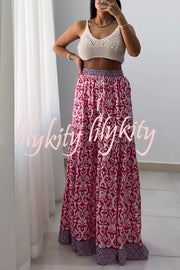 Unique Print Elastic High Waist Tie Pocket Wide Leg Pants