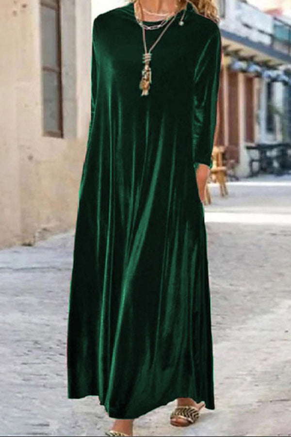 Solid Color Velvet Loose Round Neck Long Sleeve Midi Dress
