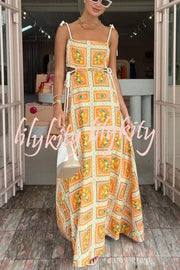 Orange Summer Printed Linen Blend Cutout Tie-up Design Maxi Dress