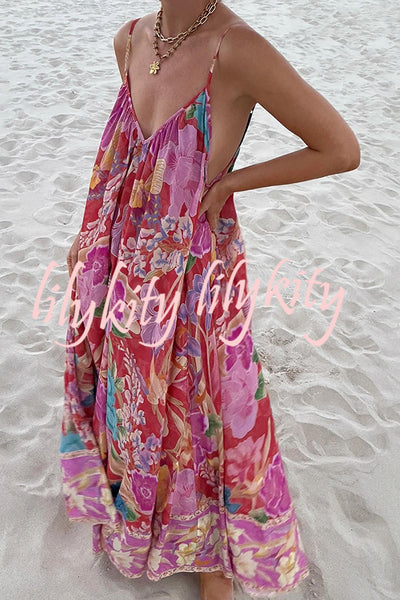 Painter's Garden Boho Floral Print Strappy A-line Maxi Dress