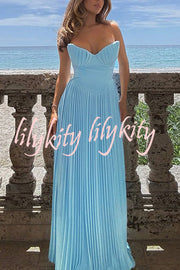 Romantic and Elegant Pleated Strapless Maxi Dress