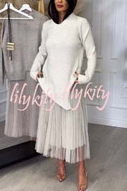 Jensine Ribbed Knit Irregular Loose Sweater and Pleated Tulle Tank Midi Dress Two-piece Set