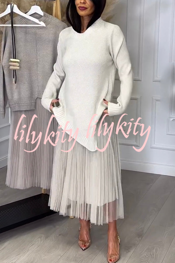 Jensine Ribbed Knit Irregular Loose Sweater and Pleated Tulle Tank Midi Dress Two-piece Set