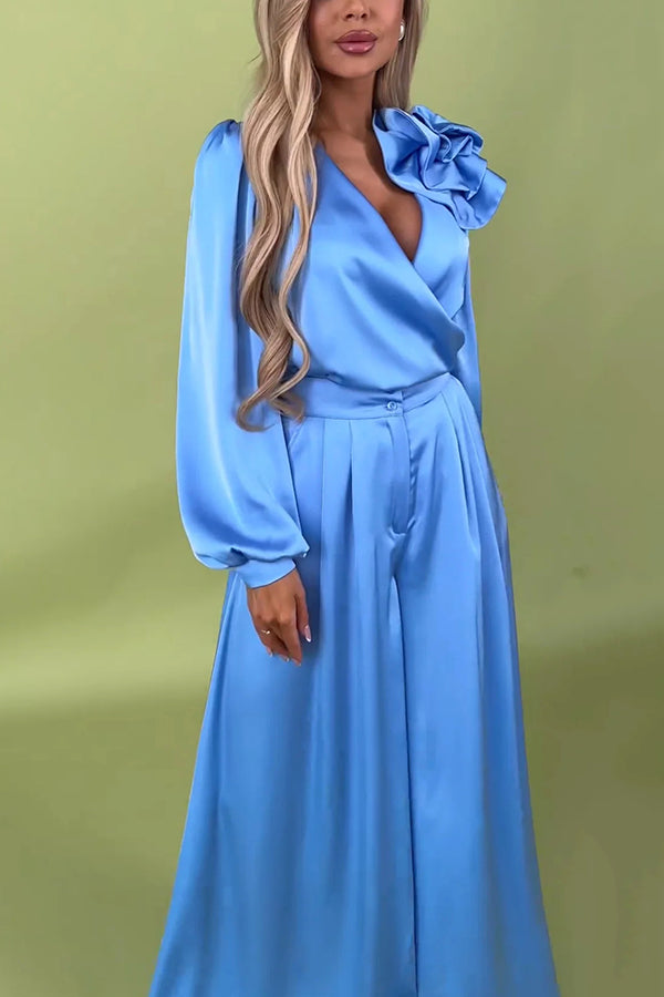 Solid Color V-neck Long-sleeved Large Flower Decorated Top and Casual Pocket Wide-leg Pants Set