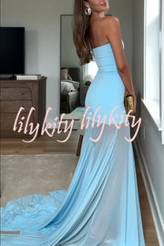 Blue Sky Off Shoulder Contrast Sheer Mesh Fabric Stretch Maxi Dress