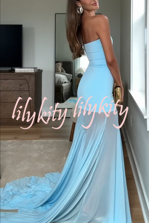 Blue Sky Off Shoulder Contrast Sheer Mesh Fabric Stretch Maxi Dress