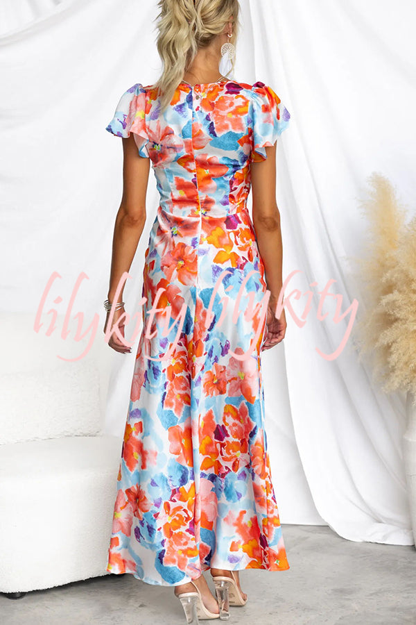 Say I Do Satin Floral Print Cap Sleeves Maxi Dress