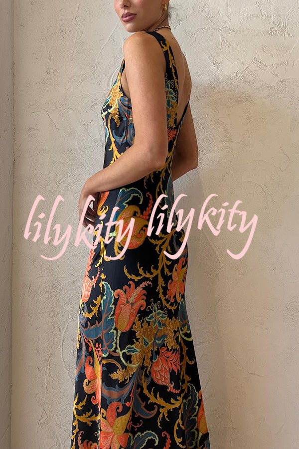 Forever Mine Satin Exclusive Botanical Print Slip Maxi Dress