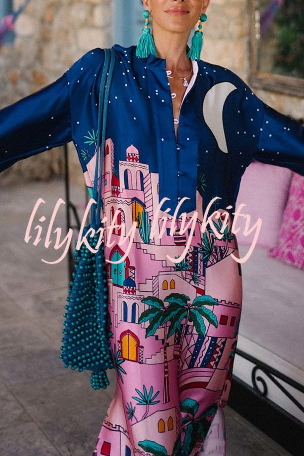 Seaside Stroll Satin Unique Print Button Up Long Sleeve Slit Kaftan Midi Dress