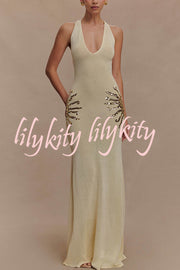 Sparkling Nights Knit Sunburst Sequin Detail Back Cross Straps Stretch Maxi Dress