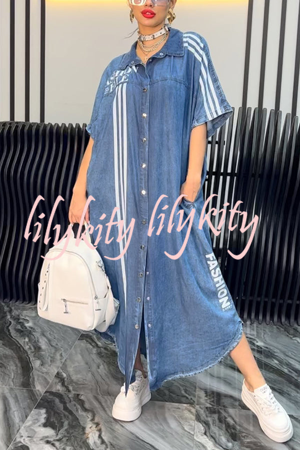 Fashion Letter Print Lapel Cardigan Loose Maxi Dress