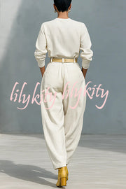 Fashionable Round Neck Long-sleeved Casual Top and High Waist Pocket Loose Wide-leg Pants Set