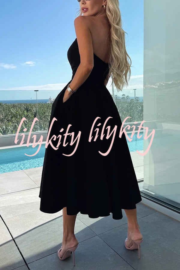 Sweet Cascade Solid Color Off Shoulder Pocket Full Hem Midi Dress