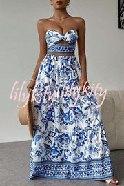 Floral Print Cutout Bandeau Top and Elastic Waist Full Maxi Skirt Set