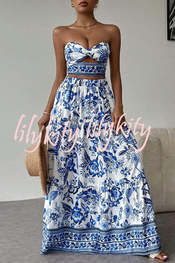 Floral Print Cutout Bandeau Top and Elastic Waist Full Maxi Skirt Set