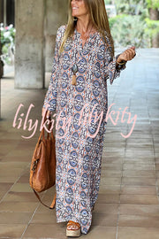 Unique Printed Long Sleeve V-neck Loose Maxi Dress