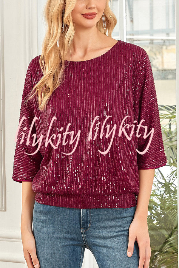 Solid Color Sequined Loose Round Neck Casual Top