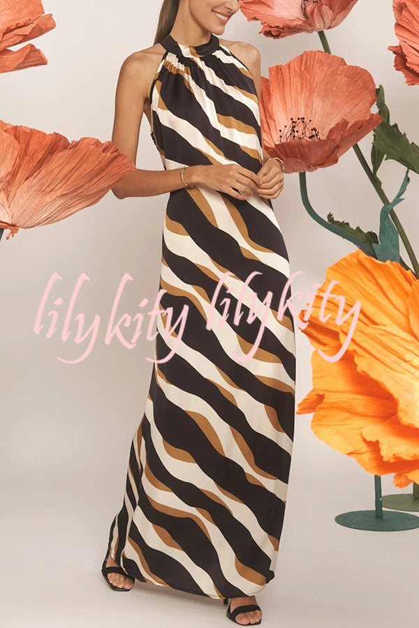 Uptown Cafe Satin Color Block Print Tie-up Neck Maxi Dress