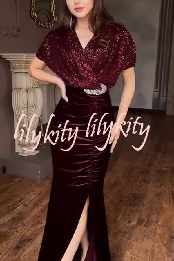 Elegant V-neck Sequined Velvet Stitching Sexy Slit Maxi Dress