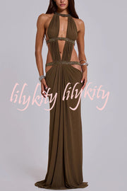 Khaki Hot-fix Rhinestone Shoulder Strap Cutout Design Backless Drape Maxi Dress