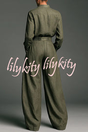 Linen Blend Lapel Long-sleeved Casual Shirt and High-waist Pocket Loose Wide-leg Pants Set