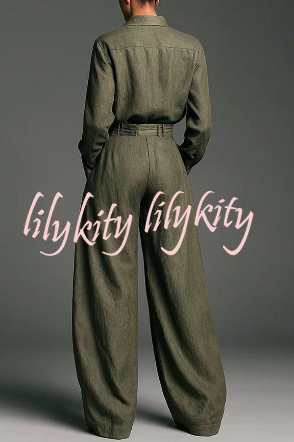 Linen Blend Lapel Long-sleeved Casual Shirt and High-waist Pocket Loose Wide-leg Pants Set