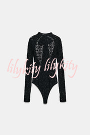 Anna Semi-sheer Lace Long Sleeve Back Bow Tie-up Cutout Stretch Bodysuit