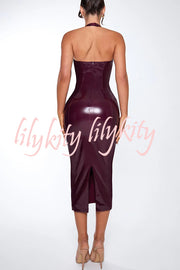 Fantasy Silhouette Shiny Faux Leather Halter Neck Stretch Midi Dress