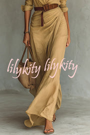 City Sleek Single Breasted Long Sleeve Warp Slit Shirt Maxi Dress