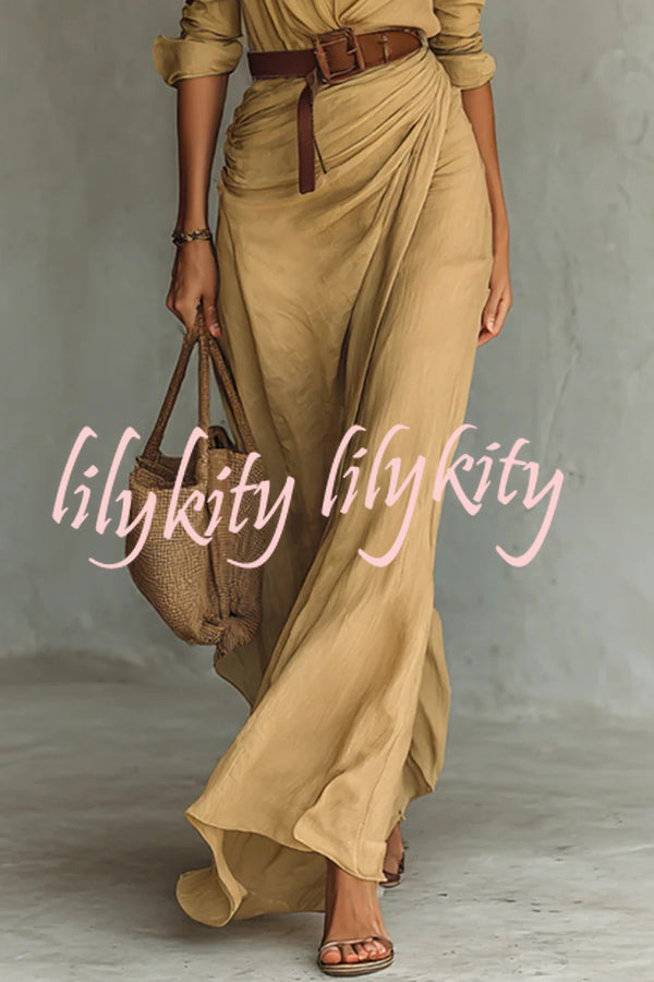 City Sleek Single Breasted Long Sleeve Warp Slit Shirt Maxi Dress