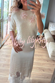 Alboran Knit Organza Flowers Detail Short Sleeve Loose Sweater