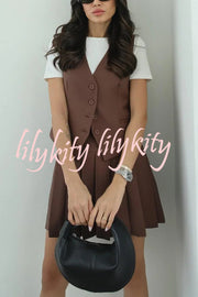 Solid Color Sleeveless Buttoned Vest and High-waisted Pleated Mini Skirt Set