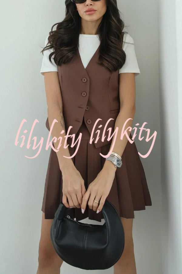 Solid Color Sleeveless Buttoned Vest and High-waisted Pleated Mini Skirt Set