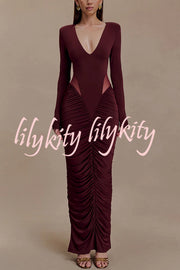 Sexy See-through Long-sleeved V-neck Pleated Slim-fit Maxi Dress