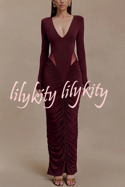 Sexy See-through Long-sleeved V-neck Pleated Slim-fit Maxi Dress
