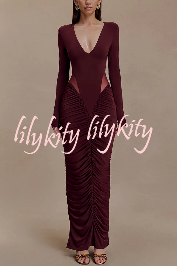 Sexy See-through Long-sleeved V-neck Pleated Slim-fit Maxi Dress